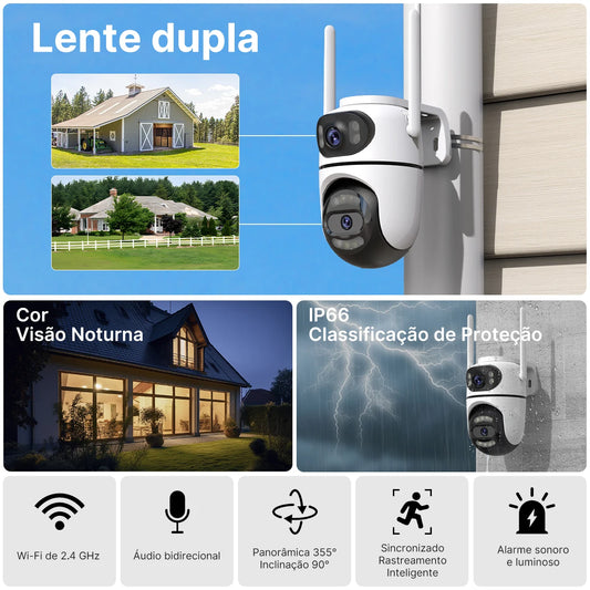 Kit com 2 Câmeras IP Externas PTZ Wi-Fi, Rastreamento Automático, Vigilância por Vídeo iCSee e Proteção de Segurança