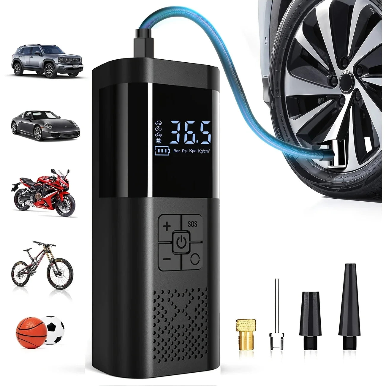 Compressor de Ar Portátil para Carro, 3 Vezes Mais Rápido, 150 PSI, Inflador de Pneus Sem Fio com Manômetro Digital para Carros, Motocicletas e Bicicletas
