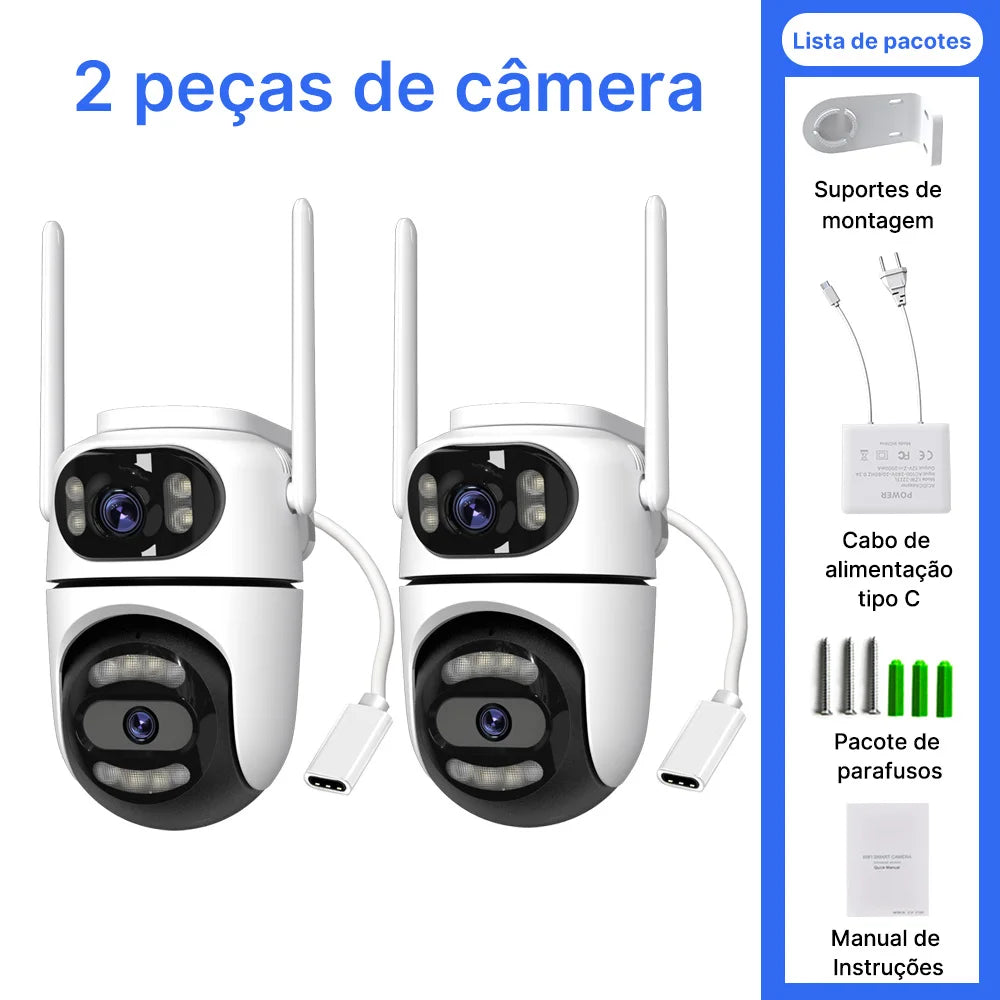 Kit com 2 Câmeras IP Externas PTZ Wi-Fi, Rastreamento Automático, Vigilância por Vídeo iCSee e Proteção de Segurança