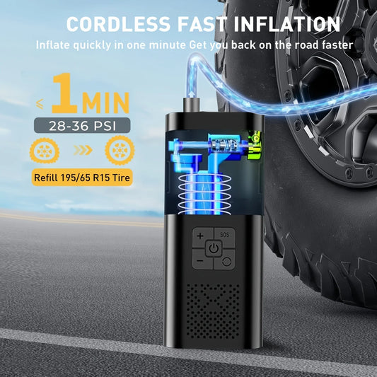 Compressor de Ar Portátil para Carro, 3 Vezes Mais Rápido, 150 PSI, Inflador de Pneus Sem Fio com Manômetro Digital para Carros, Motocicletas e Bicicletas